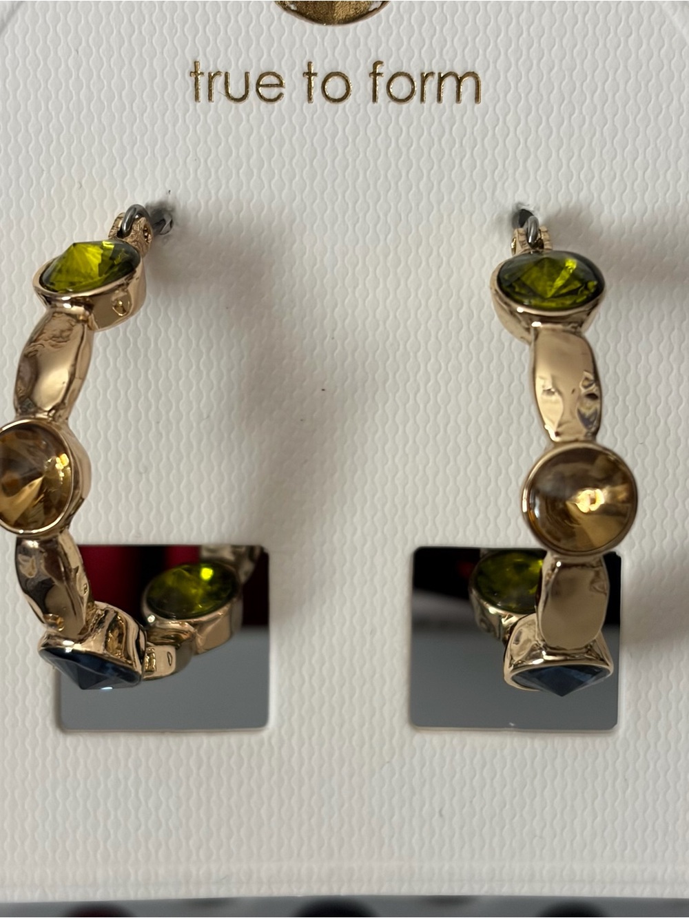 True to Form Gold Hoop Earrings with Olive Green and Yellow Crystals
